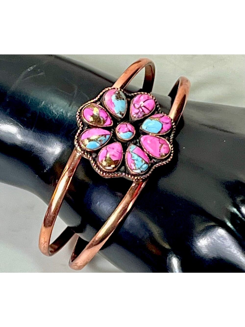 Southwestern Copper Cotton Candy Dahlia Turquoise Cluster Cuff Bracelet Handmade